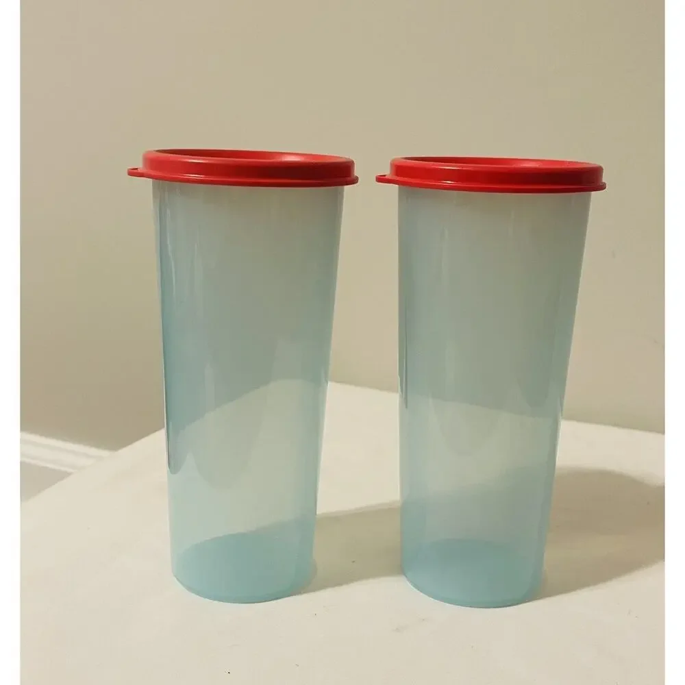 Vintage Tupperware 16oz Tumbler Cups Aquamarine Blue With Pink Lids #5107